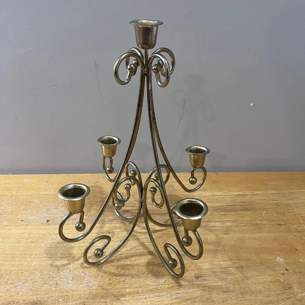 Vtg Brass Tone 5 Light Candelabra Scroll Design Taper Candle Holder 12.5